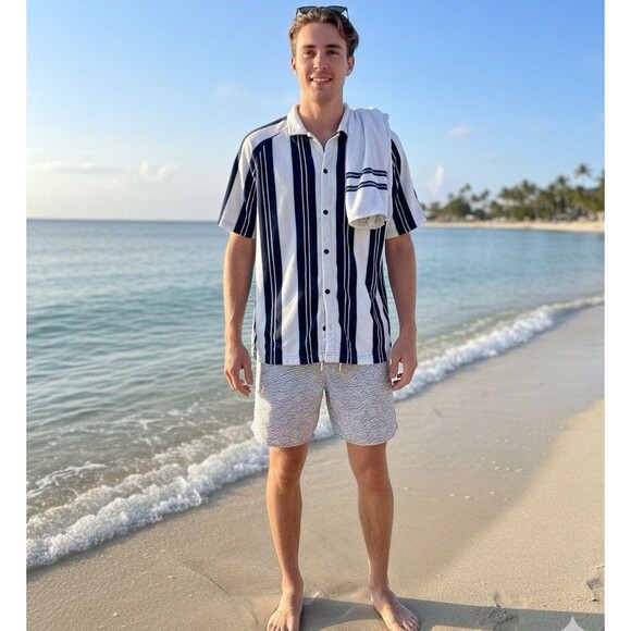 Fabletics Men’s Sz L Island Terry Button Up Navy Striped Retro Cabana Beach Wear - Picture 1 of 10